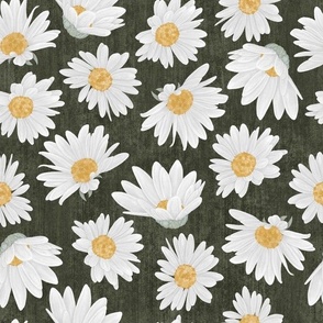 Large Nature Flowers Dotted Daisy Florals on Dark Hunter Green Textured Background