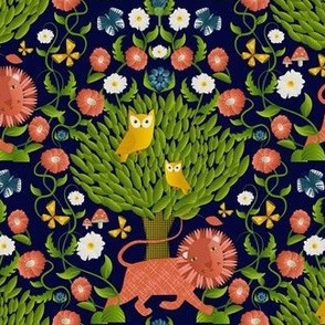 Magical forest / woodland animals / owls / lion / dark blue