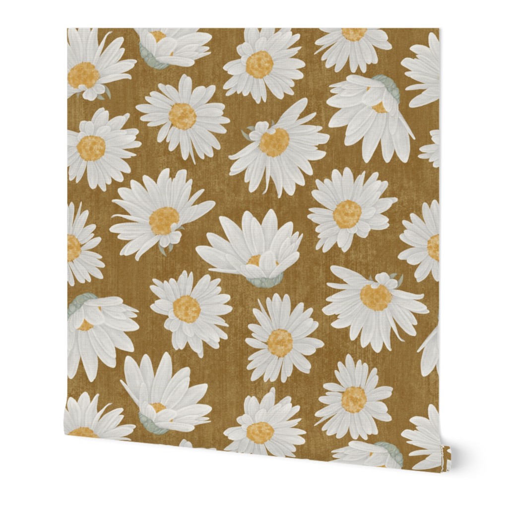 Large Nature Flowers Dotted Daisy Florals on Yellow-Gold Textured Background