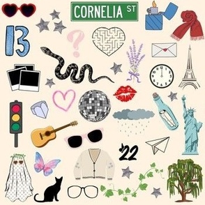   Icons on Cream The   Singer Songwriter Musician Music Songs       Fearless Red 1989 Lover Folklore Evermore Midnights Reputation Speak Now Cornelia Anti-Hero 13 22 Welcome to New York IDK Mirrorball Cardigan Guitar