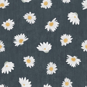 Medium Nature Flowers Dotted Daisy Florals on Dark Blue-Gray Textured Background