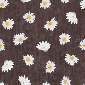 Medium Nature Flowers Dotted Daisy Florals on Muted Burgundy Textured Background