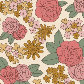 Large rose pink and mustard gold floral