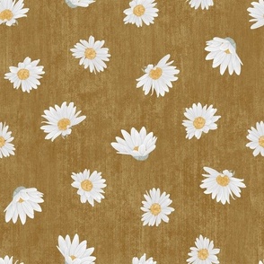 Medium Nature Flowers Dotted Daisy Florals on Yellow-Gold Textured Background