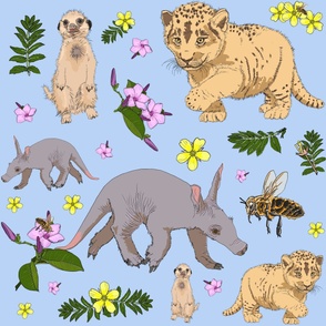 Baby Animals, Bees & Flowers on Light Blue