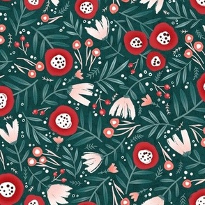 Medium | Tossed Pink and red florals and green leaves on dark green