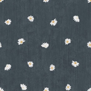 Small Dotted Daisy Florals on Dark Blue-Gray Textured Background