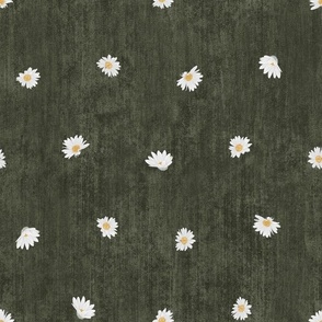 Small Nature Flowers Dotted Daisy Florals on Dark Hunter Green Textured Background