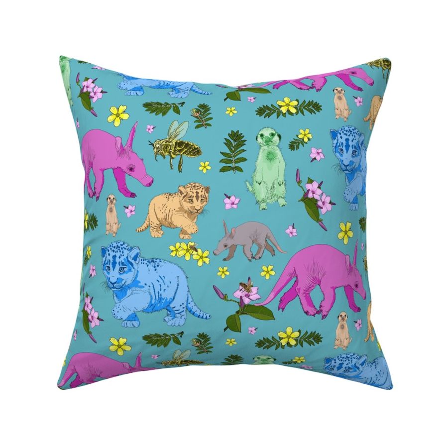 Baby Animals - Lions - Meerkats - Aardvarks - Bees - Violets on Neon Teal