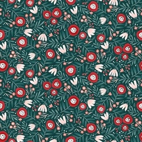 Small | Tossed Pink and red florals and green leaves on dark green 