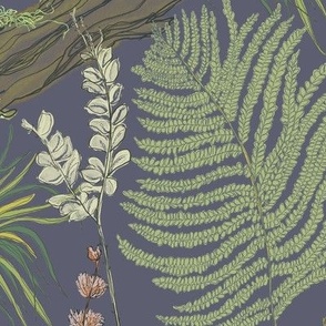 Moss and Fern Forest Large Scale in Light Dusted Navy, Sage, Celadon Green, Chartreuse, Salmon Pink