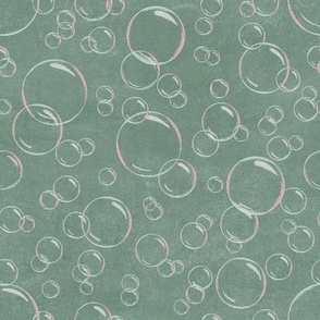 Chalk Art Bubbles w/ chalk bubbles in dusty blue green pink chalk atop a green chalkboard texture