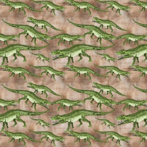 Small green  Postosuchus pattern against textured brown background 
