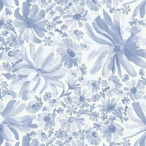 Watercolor Magnolia and Daisy Garden - blue