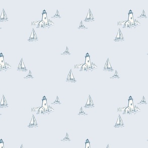 Lighthouses and Sailboats on a Sea of Pale Blue