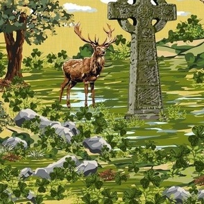 Stag Red Deer Royal Green Trees, St Patricks Celtic Cross Ireland Green Shamrocks Clover Citrine Yellow Sky