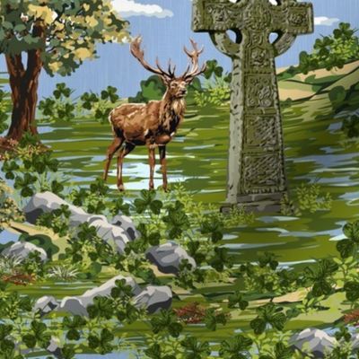 St Paddys Day Moss Green Lucky Shamrocks Deer | Saint Paddys Good Luck Shamrocks  Woodland Deer | Stag Green Countryside Cornflower Light Linen Texture