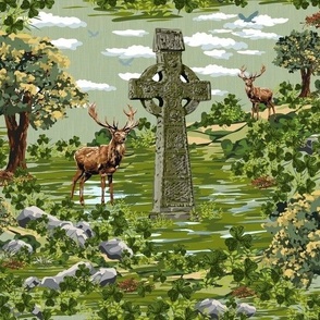 St Patricks Day Good Luck Shamrocks - Vintage Deer Stag Painterly Pattern Green Countryside - Sage Green Woodland Bucks Light Linen Texture