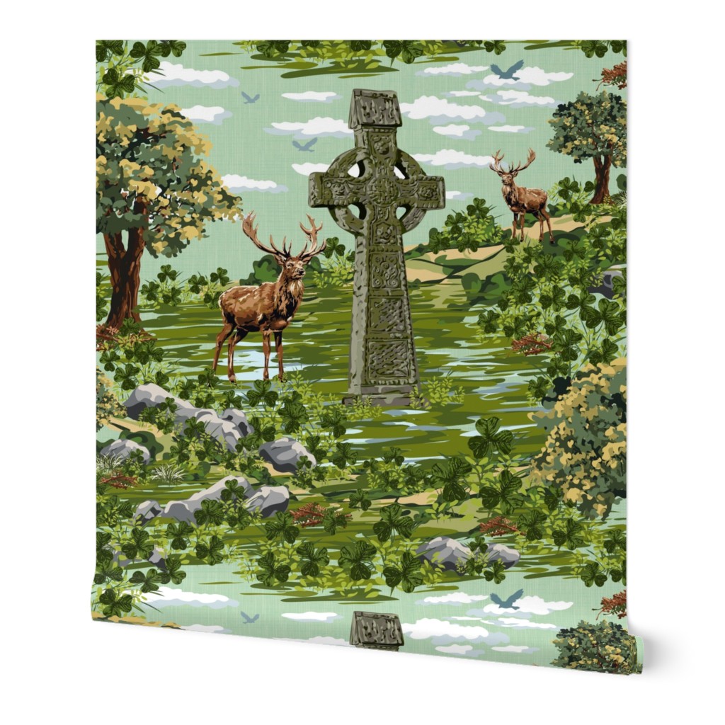 St Paddys Day Celtic Cross Lucky Shamrock Deer, Stag Antlers Emerald Green Countryside, Sage Green Design Autumn Sky Sage Background