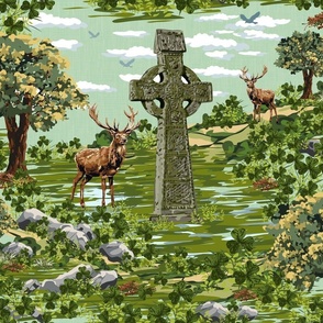 St Paddys Day Celtic Cross Lucky Shamrock Deer, Stag Antlers Emerald Green Countryside, Sage Green Design Autumn Sky Sage Background