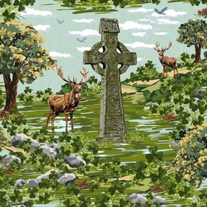 Painterly Irish Celtic Cross Buck Sage Countryside, Stag Deer Cabincore Meadow Shamrock Green