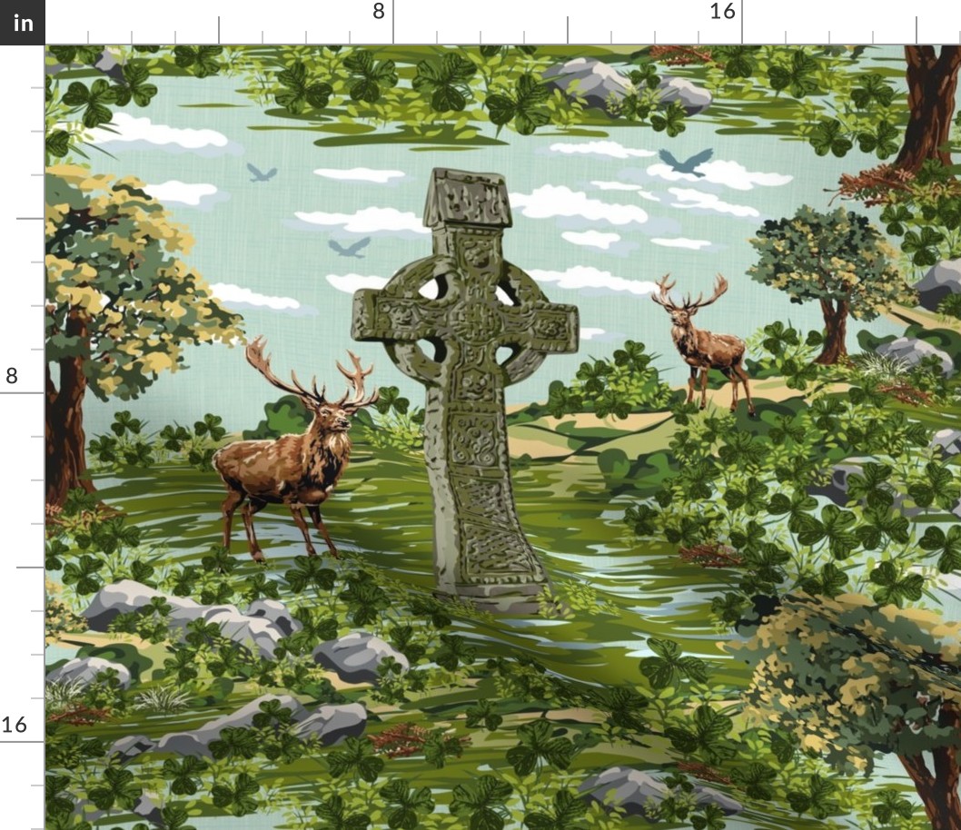 Painterly Irish Celtic Cross Buck Sage Countryside, Stag Deer Cabincore Meadow Shamrock Green
