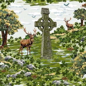 Vintage Countryside Deer Stags | Irish Celtic Cross Shamrocks  | Cabincore Buck Autumn Trees Clouds
