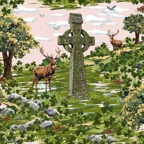 Cabin Core Highland Stag Bucks Dawn Pink Sky | Mountain Deer Buck Illustrated Painterly Pattern | Celtic Lucky Shamrocks Light Linen Texture