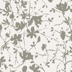 (L) Star Magnolias in Sage Green Silhouette on Cream White | Large Scale