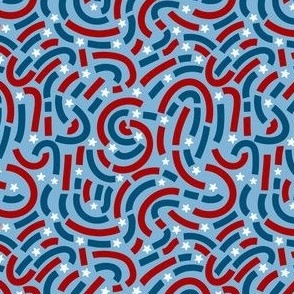 Patriotic stars and squiggles - red and blue on light blue