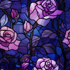 Purple Pink Lavender and Lilac Roses Leaded Stained Glass Look with Indigo Ultra Blue Background