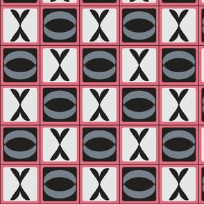 Hugs and Kisses on a Tic Tac Toe Grid in Gray, Pink, White, and Black for Valentine's Day