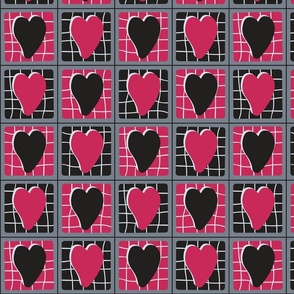 Valentine's Day Hearts in Fuchsia and Black on a Dark Gray Grid 