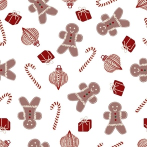 Christmas treats and joy_ red on white - gingerbread men_ candycanes_ presents and ornaments