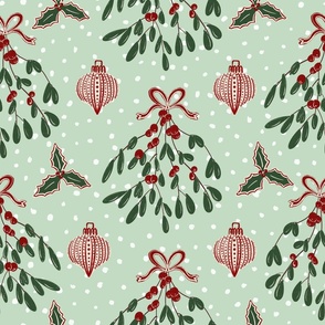 Christmas holly_ mistletoe and ornaments on mint