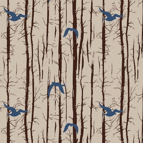 Forest Flight of Blue Birds on Beige - medium scale