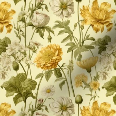 Yellow Flowers on Greenery Floral Country Farmhouse Vintage Dress Fabric