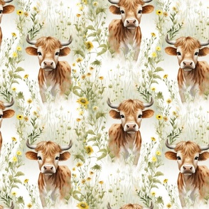 Cute Highland Cow Calf In Yellow Daisy Flowers Country Farm Animals in Pasture Small Design    