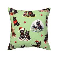 Vintage 1950s Christmas Scotty Dog Holiday Puppy Dog Black Red on Pastel Mint Green Background