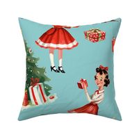 Cute 1950s Little Girl Christmas Cartoon Vintage Red and White Blue Tree Presents Large Scale  