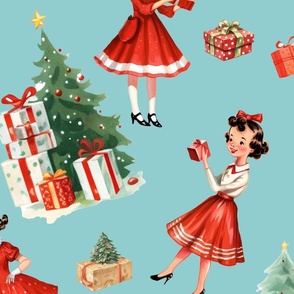 Cute 1950s Little Girl Christmas Cartoon Vintage Red and White Blue Tree Presents Large Scale  