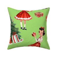 Cute 1950s Little Girl Christmas Cartoon Vintage Red and White Green Tree Presents Large Scale  