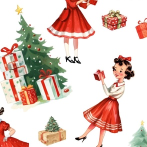 Cute 1950s Little Girl Christmas Cartoon Vintage Red and White Tree Presents Large Scale