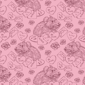 Hand Drawn Vintage Valentines Day Pika Damask Pattern with Flowers and Hearts Medium Scale Pink