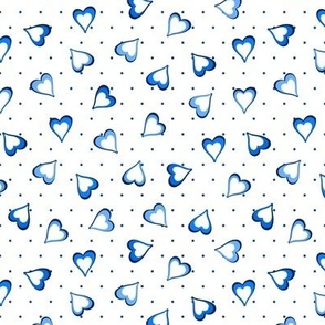 Tiny Blue Polkadots and Cornflower Blue Hearts on White