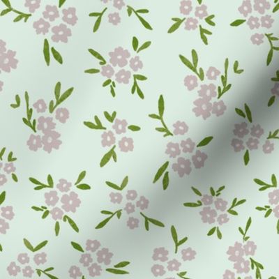 Floral ditsy - pink and green on mint (medium)