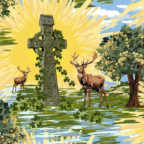 Highland Stag Lush Green Meadow Saffron Summer Landscape | Vintage Deer Woodland Animals Celtic Ireland Green | Citrine Summer Sunrise Baby Blue Sky