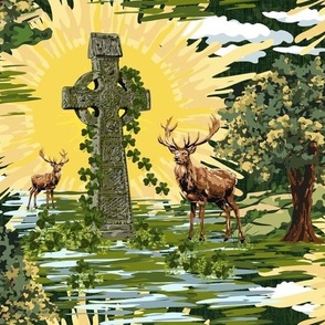 Woodland Deer Emerald Green Celtic Cross Celtic Knot Holidays | Antlers Yellow Sunrise Spring Sun Rays | Lush Green Shamrock Ireland Green Fall Sun