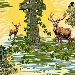 30s Deer Woodland Yellow Sunrise | Buck Green Trees Meadow | Stag Cross Shamrocks Beige