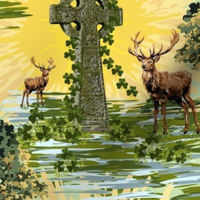 Red Deer Vintage Illustration Saffron Sunrise | Cabin Core Stag Yellow Bright Sun Rays | Shamrock Green Meadow Oak Trees | Deer Saffron Yellow